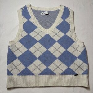 Y2k Style Hollister Argyle Sweater Preppy Vest L Blue White V Neck Knit Pullover